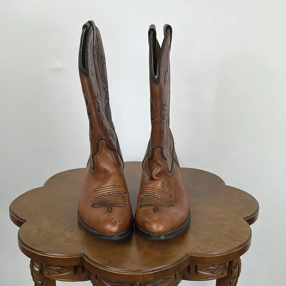 Vintage 80s Acme Brown Western Cowboy Boots Men 10E Black Stitching